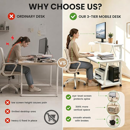39.4 Inch Compact Rolling Computer Desk with Tier Worktable & Lockable Wheels, Small Computer Desk, Small Desk for Bedroom, Mobile Writing Workstation Easy Assembly for Home Office Small Spaces