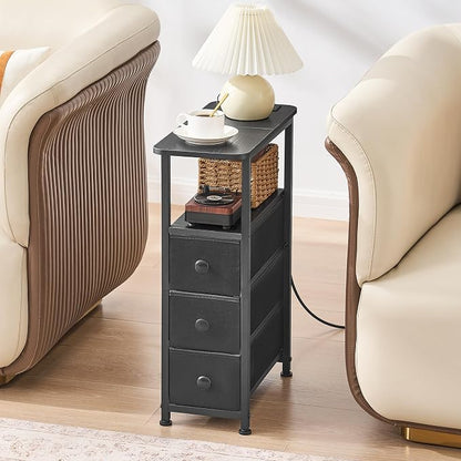 DALEMHOME Narrow End Table with Charging Station, Narrow Side Table with Drawer, Small Nightstand with LED Light, Skinny Nightstand, Small Bedside Table for Living Room, Bedroom, Couch, Black