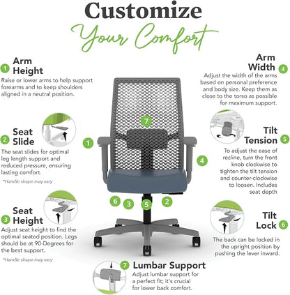 HON Ignition 2.0 ReActiv Ergonomic Office Chair, Mesh Desk Chair with Lumbar Support, Synchro‑Tilt Recline, Height and Width Adjustable Arms, Swivel Wheels, Titanium Frame, Nimbus