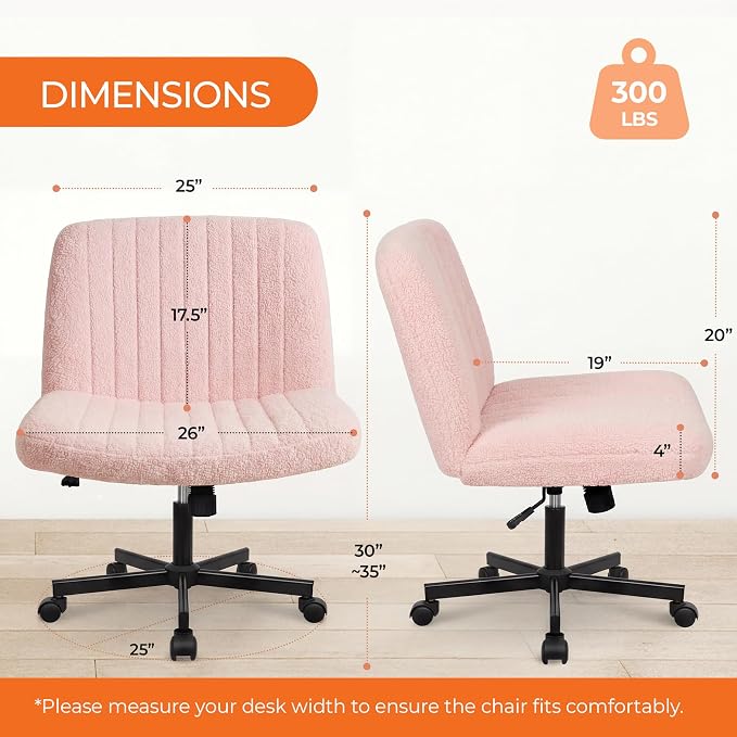 Orange Factory Criss Cross Chair Wheels Vanity Chair Office Desk Comfy Wide Cross Legged Armless Teddy Fabric Adjustable Swivel for Home Computer Task (Pink, Teddy Fleece)