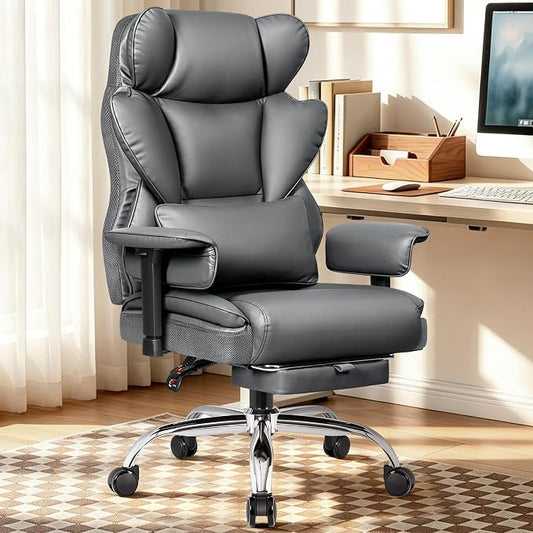 BESTFAIR Big and Tall Office Chair - High Back Executive Chair with Footrest & Lumbar Support for Heavy People, Adjustable Arms, Padded Wide Seat Computer Gaming Chair, Heavy Duty, Gray