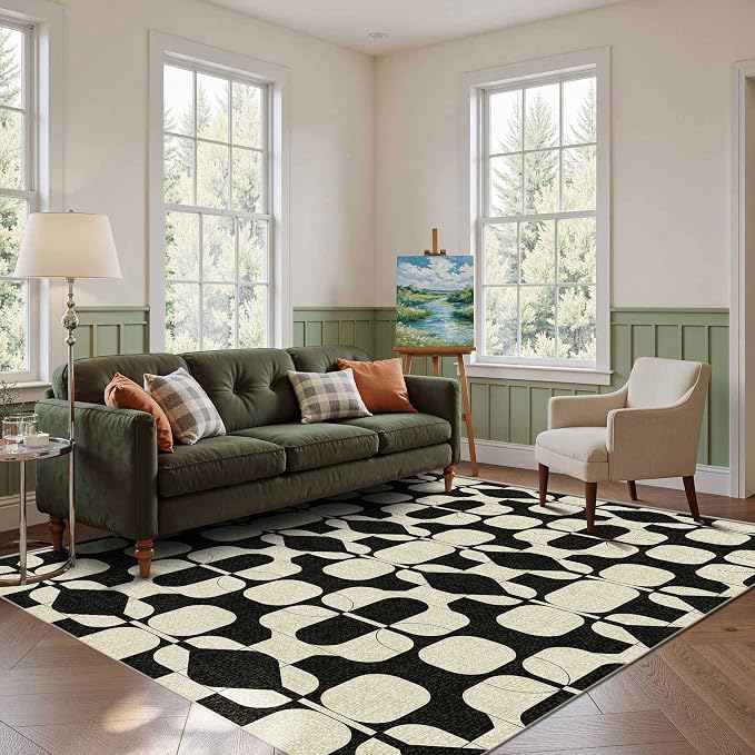 Latte&Fog 5x7 Area Rugs for Living Room Bedroom, Black Vintage Washable Rug, Boho Non Slip Low Pile Carpet for Dining Room, Dorm, Classroom, College Dorm, Farmhouse and Home Office - Black Beige