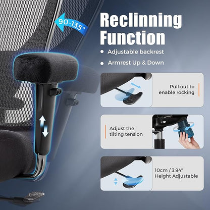 Big and Tall Office Desk Chair 500lbs, Ergonomic Heavy Duty Mesh Desk Chair, Executive Swivel Task Computer Chairs for Home Office, Adjustable Lumbar Support and Armrests (Black)