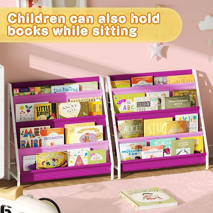 Aokitsink Kids Bookshelf for Kids Rooms, 4-Tier Montessori Bookshelf,Nursery Book Shelves,Pink Toddler Bookshelf, Metal Kid's Book Storage Organizer for Girls Room Furniture Playroom Kindergarten