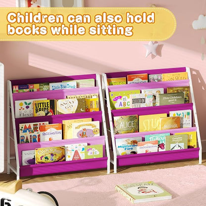 Aokitsink Kids Bookshelf for Kids Rooms, 4-Tier Montessori Bookshelf,Nursery Book Shelves,Pink Toddler Bookshelf, Metal Kid's Book Storage Organizer for Girls Room Furniture Playroom Kindergarten