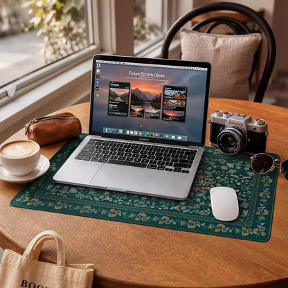 iCasso Green Aesthetic Flower Mouse pad for Laptop, Vintage Desk Matt for Desktop 13.7"x23.6", Anti-Slip Mousepad with Stitched Edges for Laptop Computer Keyboard(Deep Green)