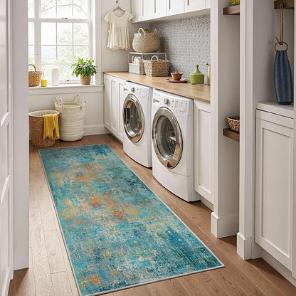 RELEANY Washable Area Rugs 2'x10' Non-Slip Modern Abstract Soft for Living Room Entryway Bedroom Kitchen, Print Pattern, Teal Blue Green Orange Rust Red Coloreful