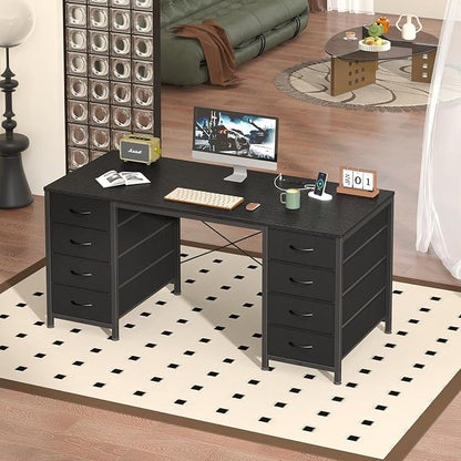 YOMILUVE 50 Inch Computer Desk with 8 Drawers, Home Office Desk with Power Outlets, Work Study Gaming Desk with 8 Fabric Drawers, Black