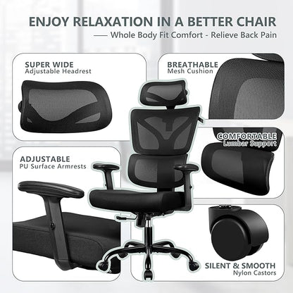 Winrise Office Chair Ergonomic Desk Chair, High Back Gaming Chair, Big and Tall Reclining Comfy Home Office Chair Lumbar Support Breathable Mesh Computer Chair Adjustable Armrests (Black)