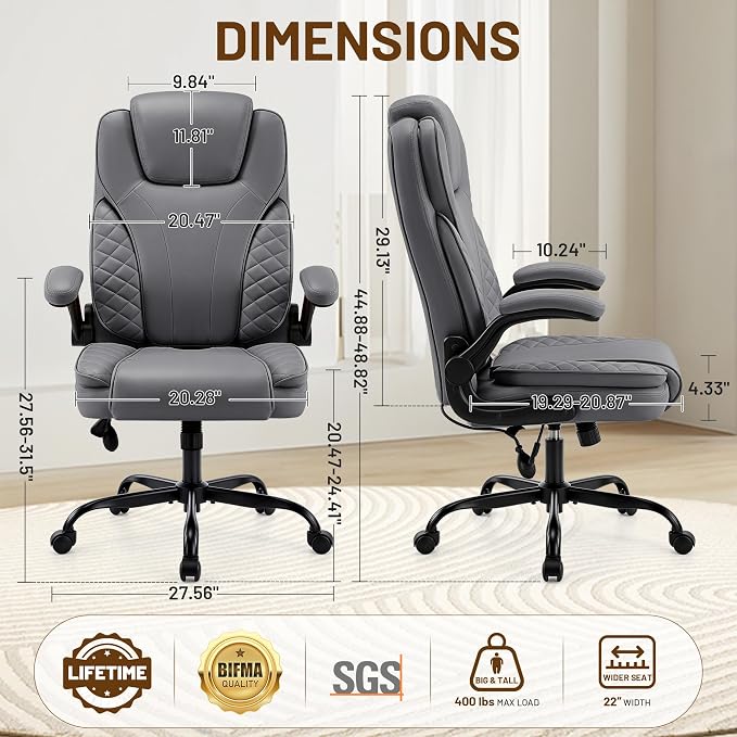 Ergonomic Office Chair, PU Leather High Back Executive Chair with Adjustable Inflatable Lumbar Support and Padded Flip-Up Arms, Recline Swivel Task Computer Chair for Home Office, Gray