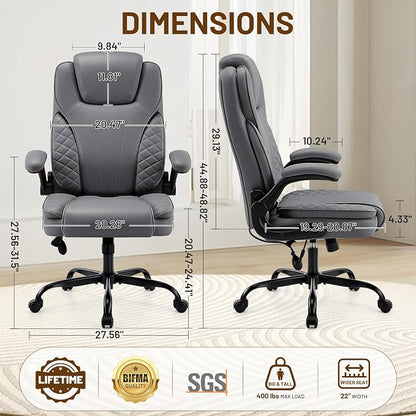 Ergonomic Office Chair, PU Leather High Back Executive Chair with Adjustable Inflatable Lumbar Support and Padded Flip-Up Arms, Recline Swivel Task Computer Chair for Home Office, Gray