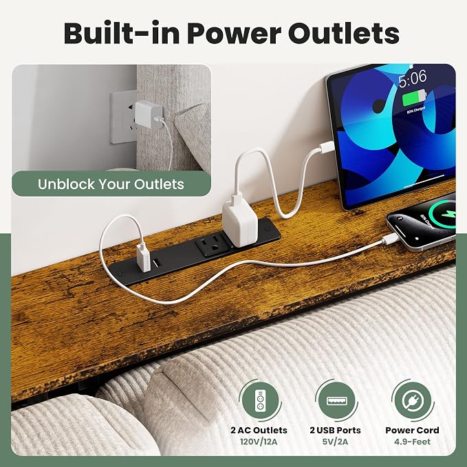 GRLEAF 63" Narrow Console Sofa Table with Built-in Power Strip (2 AC Outlets & 2 USB Ports) – 4.9ft Power Cord, Metal Frame, Easy Assembly, Ideal for Behind Couch, Hallway, and Office | Rustic Brown