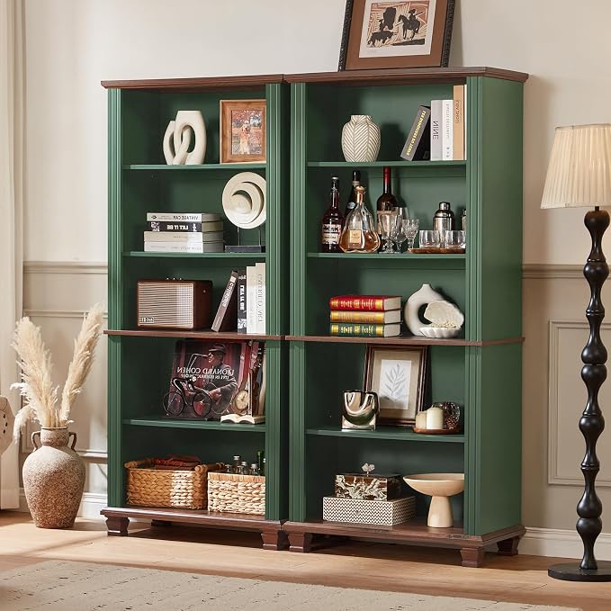 SAVOR LIFE 70" Tall Green Bookshelf,5 Tier Wooden Book Shelf with Adjustable Shelves & Wood Legs,Free Standing Farmhouse Bookcase with Open Display Storage,Vintage Bookshelves for Library, 3PCS