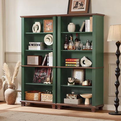 SAVOR LIFE 70" Tall Green Bookshelf,5 Tier Wooden Book Shelf with Adjustable Shelves & Wood Legs,Free Standing Farmhouse Bookcase with Open Display Storage,Vintage Bookshelves for Library, 3PCS
