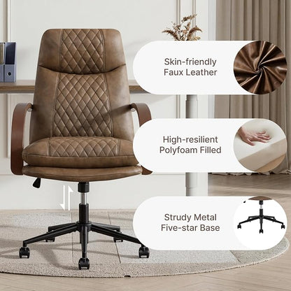 KISLOT Home Office Desk Chair, Ergonomic Office Chair with Lumbar Support, Adjustable Swivel Computer Chair with Wheels, Faux Leather Executive Task Chair with Wood Arms, Set of 2, Brown