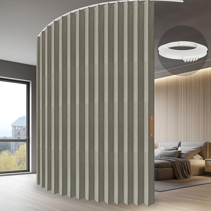 JILRON Folding Accordion Partition Divider with Ceiling Track - Hanging Room Curtain, Quick Setup(Grey 180" W x 108" L-Pack of 1)