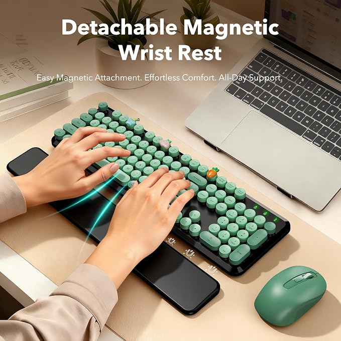Wireless Keyboard and Mouse Combo, Round Keycaps, Full-Size Retro Typewriter Keyboard with Magnetic Wrist Rest, Tilt Legs, 2.4GHz Cordless for Mac, Windows PC, Laptop, SABLUTE CK23, Black & Green