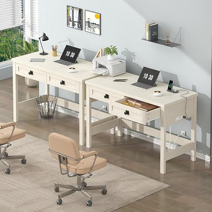 YOMILUVE Farmhouse Computer Desk with 2 Drawers, 39 Inch Small Office Computer Desk with Power Outlets, Compact Writing Study Vanity Desk for Small Spaces, White
