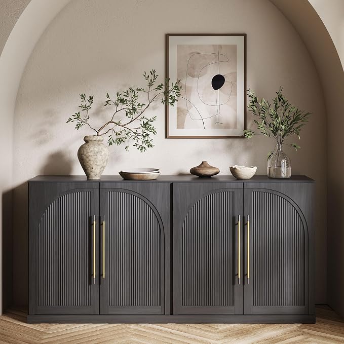 BELLEZE 65" Kitchen Storage Cabinet with Adjustable Shelves,Freestanding Accent Cabinet with Fluted Arched Design & Gold Handles,Modern Credenza for Living Room,Dining Room,Entryway - Ebony