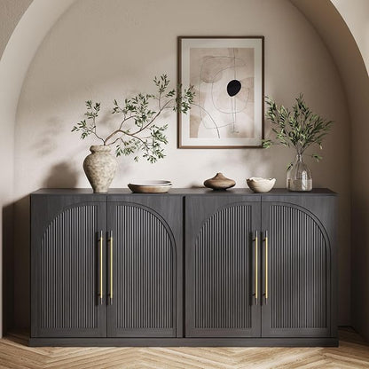 BELLEZE 65" Kitchen Storage Cabinet with Adjustable Shelves,Freestanding Accent Cabinet with Fluted Arched Design & Gold Handles,Modern Credenza for Living Room,Dining Room,Entryway - Ebony