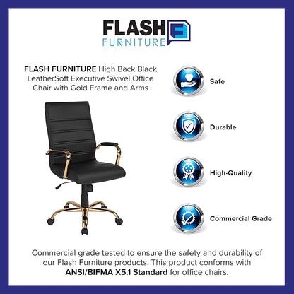 Flash Furniture Whitney High-Back Swivel LeatherSoft Desk Chair with Padded Seat and Armrests, Adjustable Height Padded Office Chair, Black/Gold