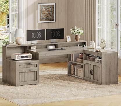 SEDETA Farmhouse L Shaped Desk with Drawers, 59" Office Desk with File Drawers, Wood Corner Computer Desk with Storage, Home Office Desks with Storage Cabinet and Monitor Stand, Grey
