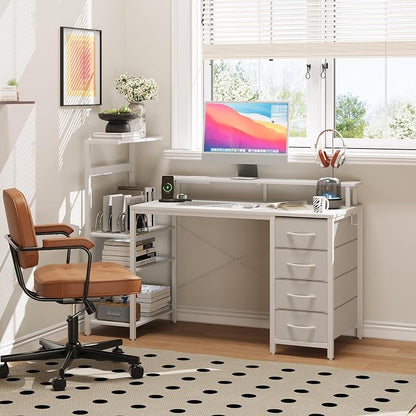 51 Inch Gaming Desk with Power Outlet and LED Lights, Computer Desk with 4 Drawers & Storage Shelves, Reversible Home Office Desk with Monitor Stand for Small Space Bedroom, Carbon Fiber White