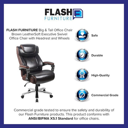 Flash Furniture Hercules Series High-Back Swivel LeatherSoft Office Chair, Ergonomic Executive Chair with Headrest and Adjustable Height, Brown