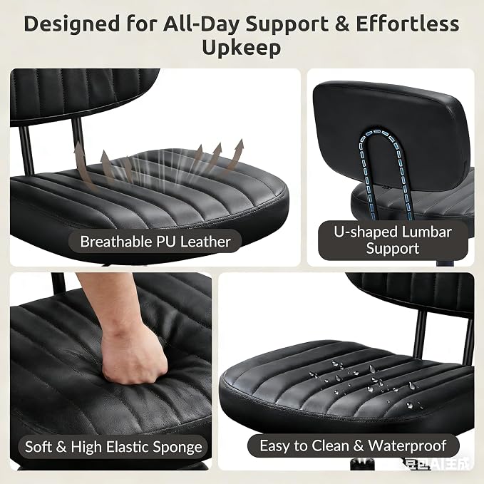 Swivel Rolling Office Chair, Armless Pu Leather Vanity Chair with Back Lumbar Support Height Adjustable Computer Chair, Small Desk Chair for Home Office, Black