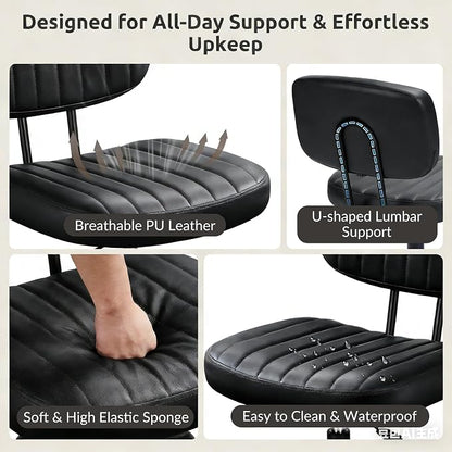 Swivel Rolling Office Chair, Armless Pu Leather Vanity Chair with Back Lumbar Support Height Adjustable Computer Chair, Small Desk Chair for Home Office, Black