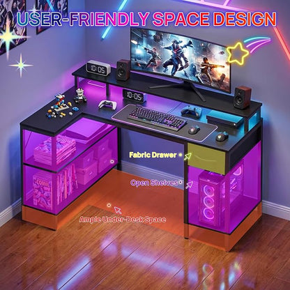 Alpen L Shaped Gaming Desk, 47 Inch Computer Desks with Drawers, Corner Desk Gaming Table with LED Lights & Power Outlets, Monitor Stand, Home Office Desk for Living Room, Bedroom, Black