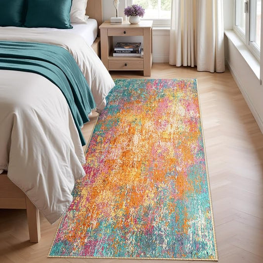 RELEANY Washable Area Rugs 2'x6' Non-Slip Modern Abstract Soft for Living Room Entryway Bedroom Kitchen, Print Pattern, Orange Blue Pink Yellow Colorful