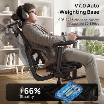 Ergonomic Office Chair with Adaptive Dual-Wing Lumbar Support - Over 10 Hours Sitting Comfortable Mesh Big and Tall Home Desk Chair, 4D Headrest, 630° Armrst, Seat Depth Adjustable