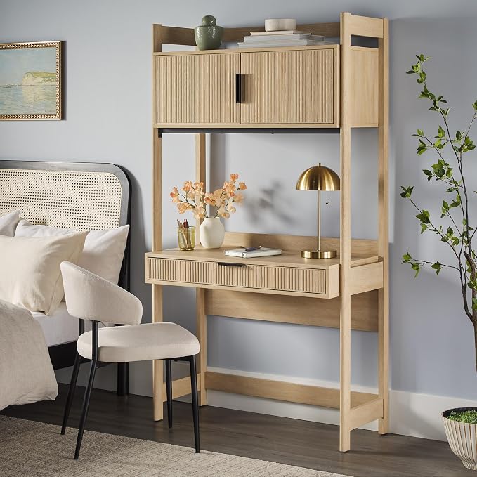 Walker Edison Modern Transitional Interior Design Reeded Desk with Hutch and Drawers, Built-in Tech, Desk with Cord Management, Storage for Small Living Spaces, 38”W x 19”D x 70”H, Coastal Oak