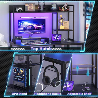 Cyclysio Gaming Desk with Hutch, 39'' Computer Desk with LED Lights & Power Outlets, Home Office Desk with Reversible 5 Tiers Storage Shelves & Monitor Stand, Small Gaming Table for Small Space, Black