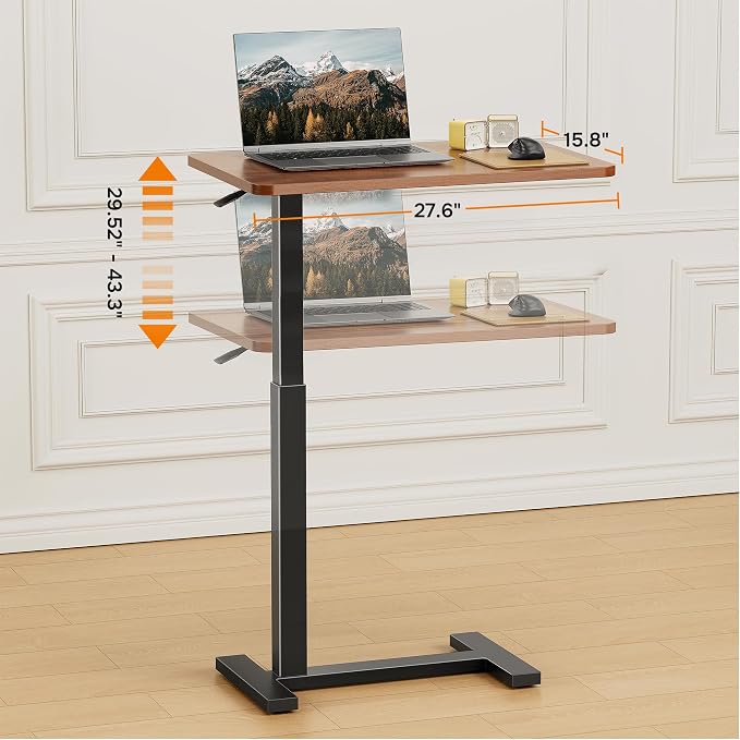 Adjustable Overbed Bedside Table with Wheels, Pneumatic Adjustable Hospital & Home Use Bed Table, Rolling Laptop Table, Mobile Standing Desk, Brown