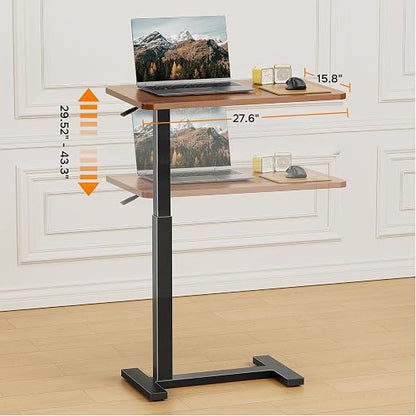Adjustable Overbed Bedside Table with Wheels, Rolling Laptop Table, Pneumatic Adjustable Hospital & Home Use Bed Table, Mobile Standing Desk, Brown