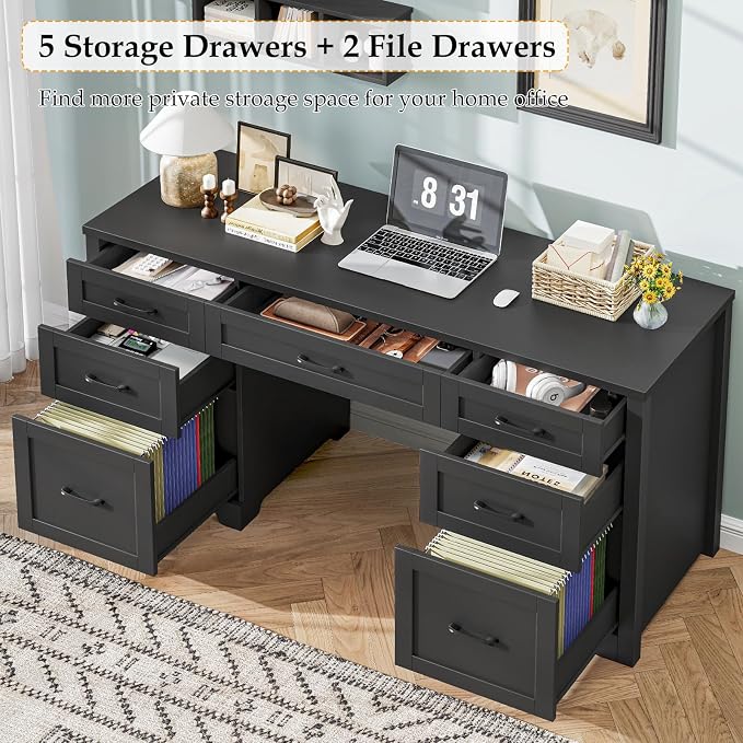 Vabches Farmhouse 61'' Executive Desk with 7 Drawers, Rustic Office Desk Computer Table with File Drawers, Wood Workstation for Study and Home Office,Pure Black