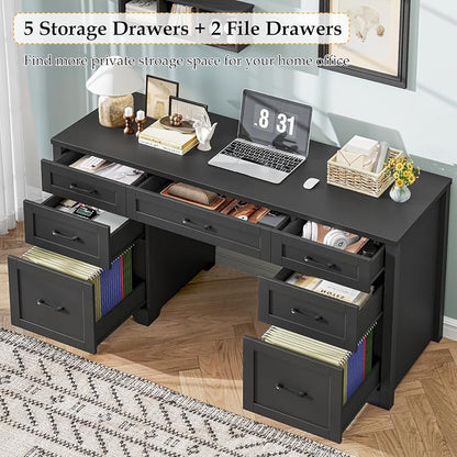 Vabches Farmhouse 61'' Executive Desk with 7 Drawers, Rustic Office Desk Computer Table with File Drawers, Wood Workstation for Study and Home Office,Pure Black