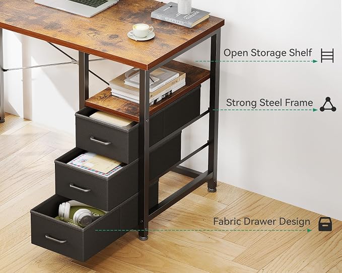 AODK 40 Inch Small Computer Desk with Fabric Drawers, Kids Study Desk for Bedroom, Home Office Desk with Storage Shelf & Bag for Small Space, Vintage