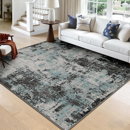 RELEANY Washable Area Rugs Square 8ft Non-Slip Modern Abstract Soft for Living Room Entryway Bedroom Kitchen, Print Pattern, Blue Black Teal