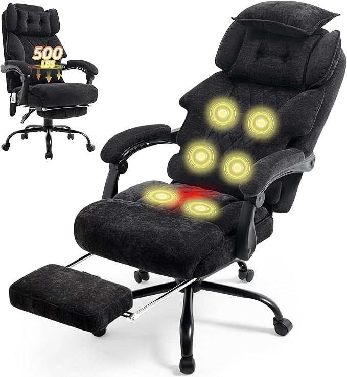 Massage Office Chair with Foot Rest,6 Points Vibration & Heat Executive Office Chairs,Ergonomic Fabric Desk Chair for Heavy People,Big and Tall Office Chair 500LBS,Recliner with Dual-Use Pillow,Black