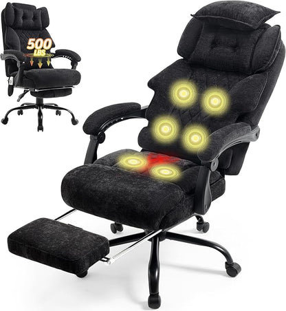 Massage Office Chair with Foot Rest,6 Points Vibration & Heat Executive Office Chairs,Ergonomic Fabric Desk Chair for Heavy People,Big and Tall Office Chair 500LBS,Recliner with Dual-Use Pillow,Black