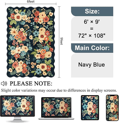 DUKINO 6x9 Area Rug, Floral Washable Rugs for Living Room with Non Slip Backing & Non-Shedding, Lightwight Low Pile Boho Design Large Carpets for Bedroom, Living Room, Dining Room, Navy Blue