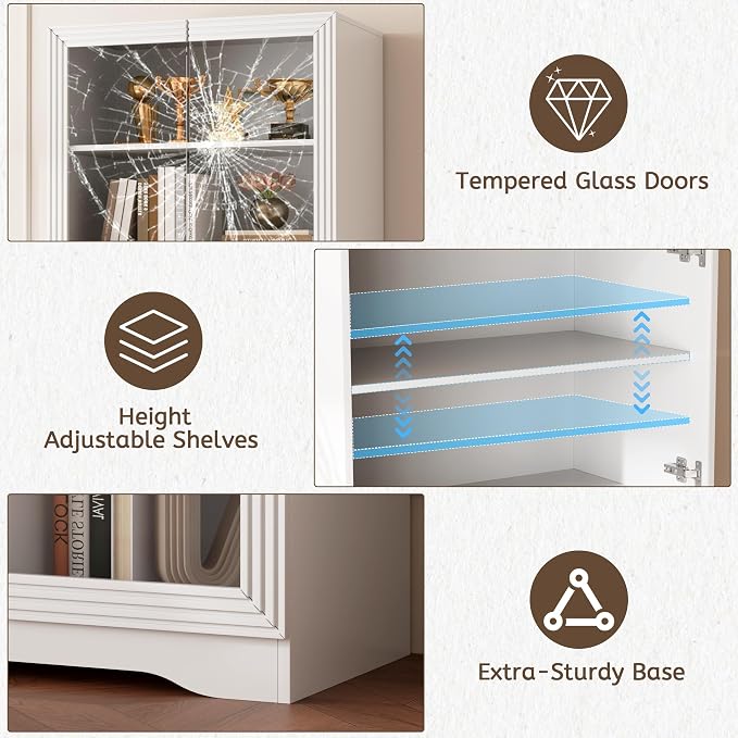 Vlsrka LED Display Cabinet with Glass Doors, Modern Storage Cabinet with 5 Tier Adjustable Shelves, Human Sensor, for Collectibles, 65" Tall Bookcase for Home Office Living Room, White