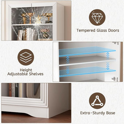 Vlsrka LED Display Cabinet with Glass Doors, Modern Storage Cabinet with 5 Tier Adjustable Shelves, Human Sensor, for Collectibles, 65" Tall Bookcase for Home Office Living Room, White