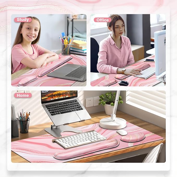 Gimars 4 in 1 Mouse Pad and Keyboard Wrist Rest Set, Large Mouse Pad with Memory Foam Wrist Support Pad for Desk with Coaster, Easy Typing Pain Relief, Gaming Office Home, 31.5x12 inch, Pink Golden