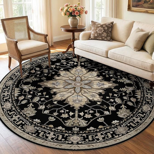RELEANY Area Rugs Round 6ft Washable Non-Slip, Floral Vintage Distress Medallion Carpet for Living Room Bedroom Dining Room, Black Brown Neutral Dark Tan