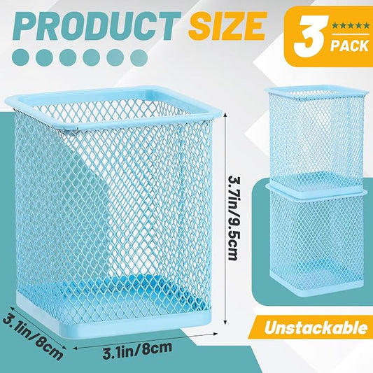 Segarty Pen Holder for Desk, 3 Pack Square Light Blue Pencil Holder, Wire Mesh Pen Cup Container Set Desktop Organizer for Office Supplies, School Students, Home Storage, Brush Organization