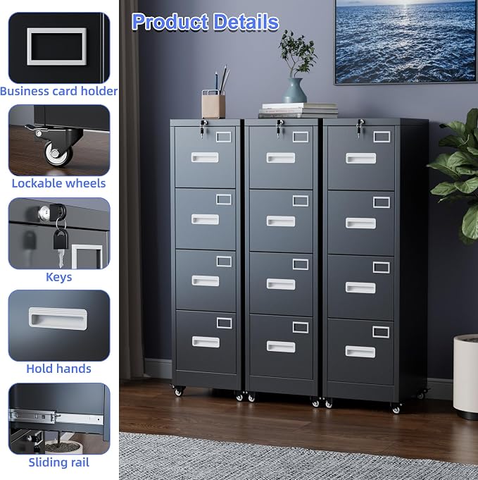 Aobabo 4 Drawer Metal File Cabinet with Lock and Wheels,Black | 15.7"D x 17.7"W x 53.2"H metal filing cabinet for letter/legal files and small office storage.